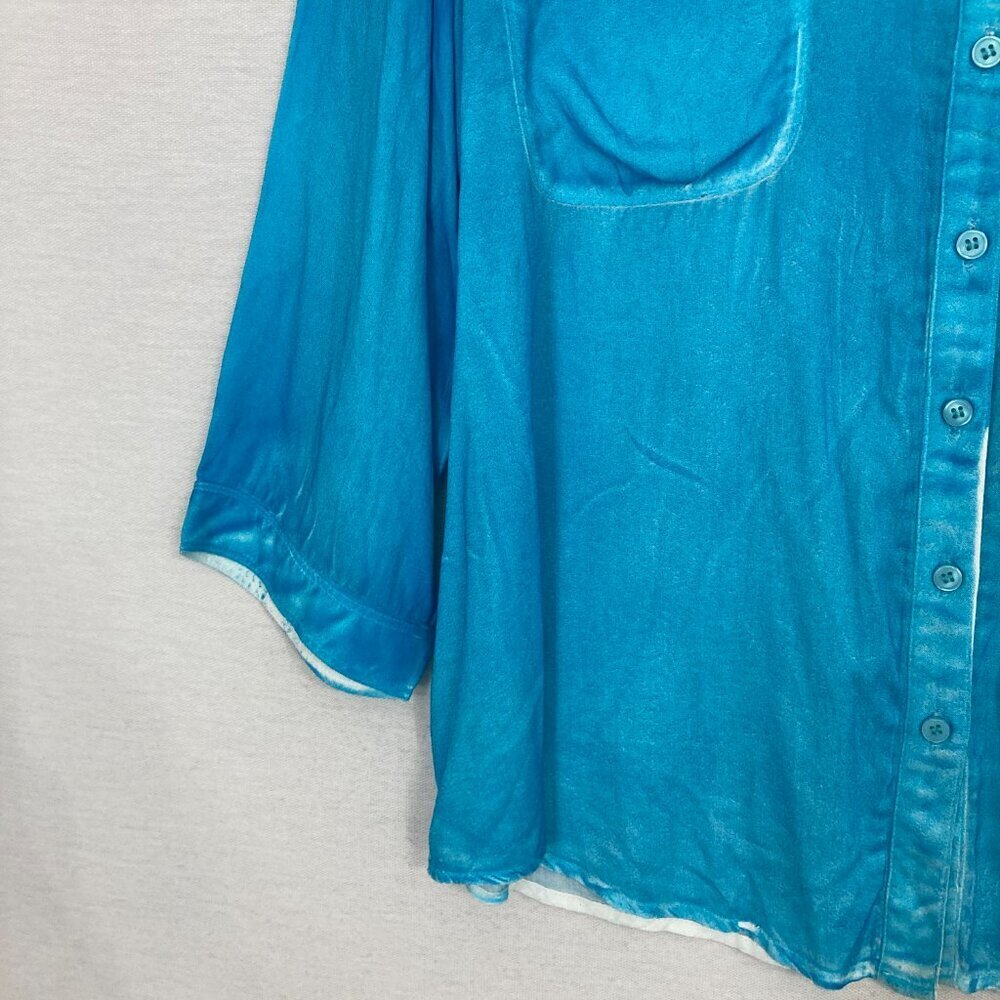 New Chico's Blue Aqua Color‎ Spray Ultra Soft Flowy Button Down XL/3 Preppy - Picture 5 of 12